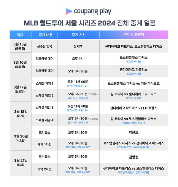 MLB 월드투어 서울 시리즈 2024 중계일정