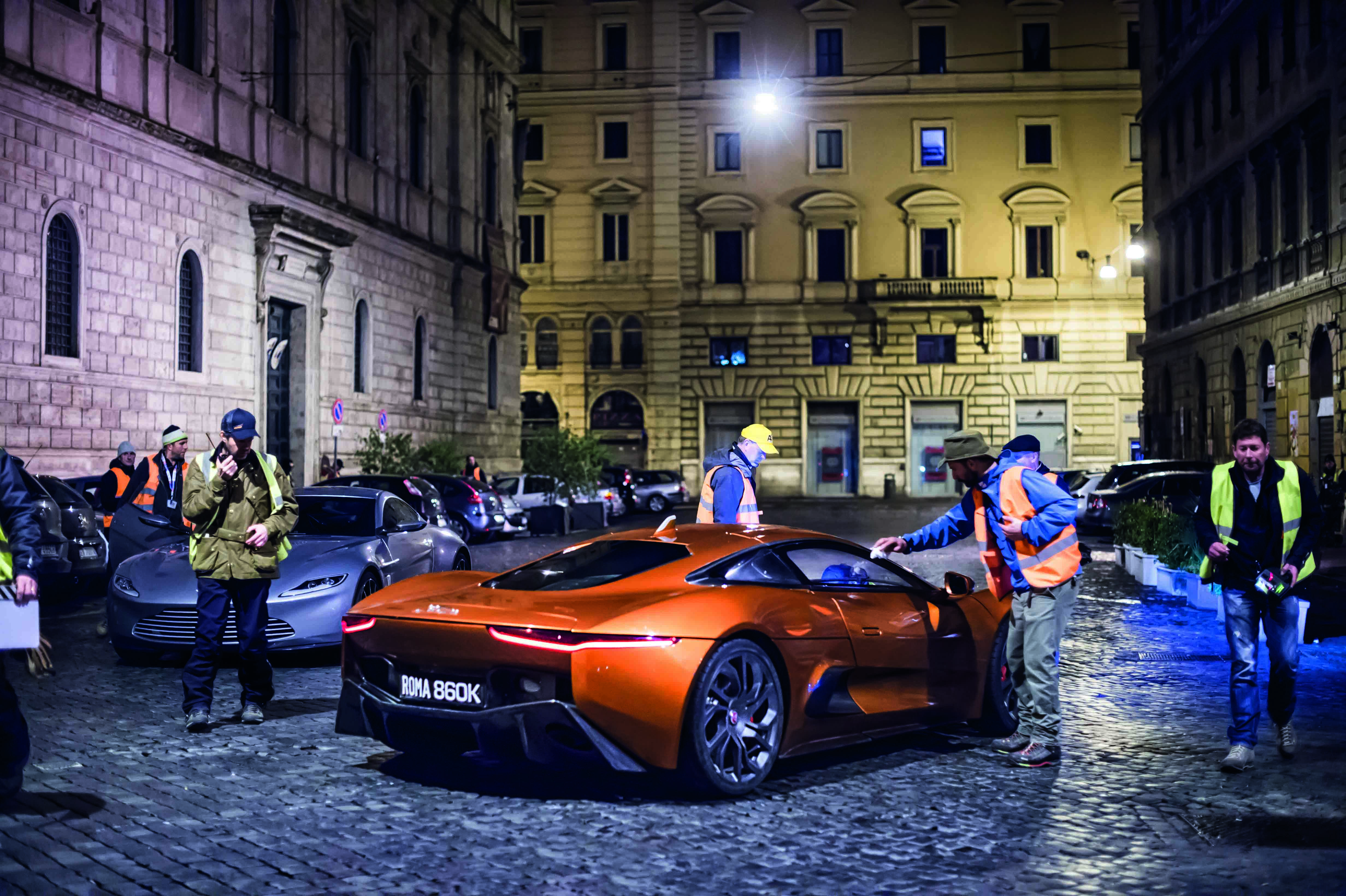 Hinx's Jaguar, Bond's Aston and the action vehicle team on the Corso Vittorio in Rome